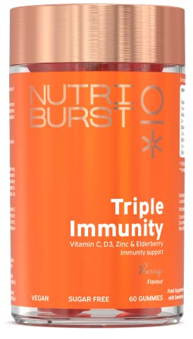 Nutriburst Triple Immunity - Liposomal Vitamin C (100mg), D3 (20µg), Zinc (7.5mg) + Elderberry Extract - Immune & Wellbeing Support - Vegan, Sugar Free Supplement - 60 Berry Gummies - 1 Month Supply