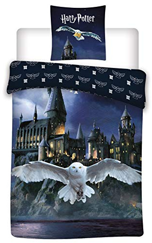 Harry Potter Kinderbettwäsche 140x200 + Kissenbezug 65x65 100% Baumwolle | Wendebettwäsche Einzelbett | Naturbaumwolle atmungsaktiv | Wizarding World | Jugendliche | Geschenk | Maschinenwaschbar