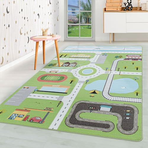 HomebyHome Kinderteppich Grün 160x230 cm Straßenteppich Modern rutschfest Waschbar Pflegeleicht Extra Weich Antiallergen Babyteppich Kinderzimmer Jungen Mädchen