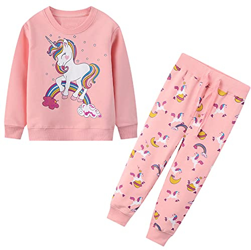JinBei Ensemble de Survêtement pour Enfants Fille Licorne Rose Arc-en-ciel Cheval Sport Coton Manche Longue Casual 2 Pièces Sweat-shirt Pantalons et Haut Pullover Jogging Sportswear 3-4 Ans