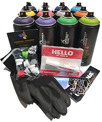 Montana Cans Black 400ml Farbsprühdosen,Graffiti-Basispaket, perfekt für Einsteiger (12 Spraydosen + Schutzhandschuhe + 12 Düsen + 50 HELLO-Aufkleber) Graffiti-Straßen-Kunst-Wand Sprühfarbe