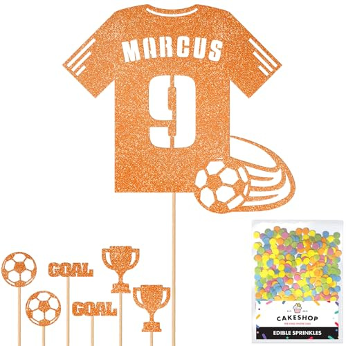 Personalised Birthday Football Kit Jersey Cake Topper- Orange Any Name & Age Number Glitter Cake Decoration and Sprinkles - Happy Birthday Decorations - Personalised Toppers for Cakes by Cakeshop
