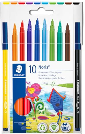 STAEDTLER Fasermaler Noris, Tinte mit Lebensmittelfarbstoffen auf Wasserbasis, Kappe mit Atemluftkanal, Linienbreite 1,0 mm, 10 Filzstifte in sortierten Farben im Kartonetui, 326 C10