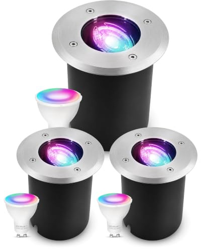 SSC-LUXon JUAVI Bodeneinbaustrahler 3er Set rund IP67 Smart GU10 RGB WLAN | Drei smarte Bodenstrahler rund IP67 mit RGB GU10 - für Garten, Wege & Terrasse, befahrbar, Durchgangsverdrahtung