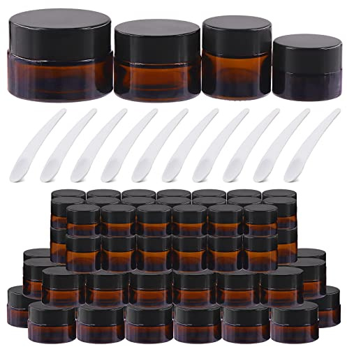 Tanstic 30 Stück bernsteinfarbene Gläser mit Deckel, inklusive 20 Stück 15 g bernsteinfarbene runde Gläser mit Innendeckel und 10 Stück Kunststofflöffel, Lebensmittelaufbewahrungsbehälter, leere Dose