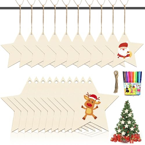 Holzanhänger Weihnachten, 30 Stück Bastelset, DIY Weihnachtsdekoration, Baumschmuck zum Bemalen für Kinder