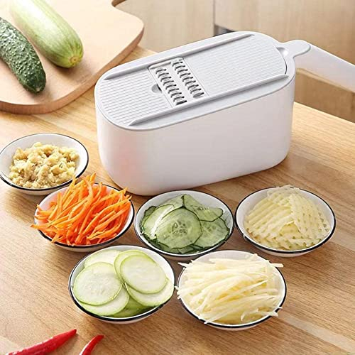 Rallador de queso de cocina y rallador, rallador, rallador de queso con mango y caja de contenedores, rallador de rallador de verduras y frutas con cuchillas intercambiables de 6 acero inoxidable.
