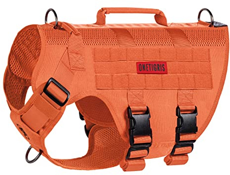 OneTigris Anti Zug Hundegeschirr Mittelgroße Hunde, AIRE MESH Taktisches Geschirr mit 2 Griff & 3 D-Ringen, No Pull Hundegeschirr Grosse Hunde, Atmungsaktiv Verstellbar Brustgeschirr, Orange S
