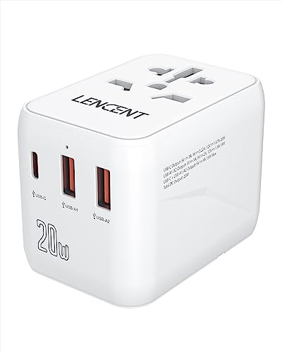 LENCENT Universeller Reiseadapter, Weltreise Reisestecker Internationaler Adapter mit 2 USB & Typ-C PD 20W, Weltweites Ladegerät für Handys, Laptop, USA/UK/EU/AUS Steckdosen, Weiß