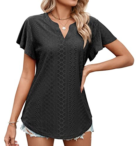 KONFEN Blusas Mujer Mangas Cortas, Cuello en V Camisas Túnico Recortados Tops Verano, Camisetas Mujer Casual Elegante Suelta Shirts Liso, Negro L