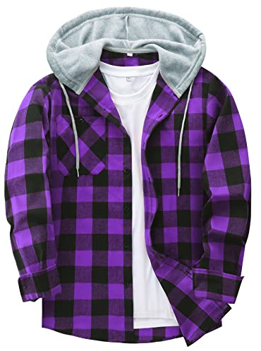 JACKETOWN Men's Plaid Casual Sweatshirt Hoodie Long Sleeve Shirt with Pocket Button Down Checked Jacket Flannel Regular Fit 4 Seasons Lumberjack Purple