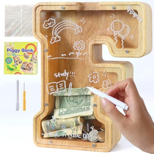 Lakpopya Spardose Kinder Jungen, Personalisiert Holz A-Z Sparschwein | Durchsichtig Buchstabe A-Z Sparbüchse für Kinder Mädchen Erwachsene mit Aufklebern und Filzstift, Taufe Geschenk Dekoration