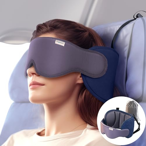 Inspireyes Travel Pillow, Airplane head strap with Sleep Eye Mask, Airplanes Essentials for Long Flight, Car Road Trip, 360° Support Headrest, Dark Grey