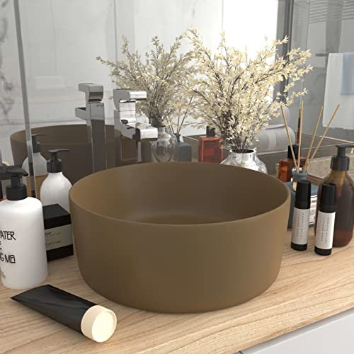CIADAZ Luxuriöses Waschbecken, Aufsatzwaschbecken, Waschtisch, Aufsatzwaschtisch, Wash Basin, Badmöbel, Bathroom Sink, Rund Matt Creme 40x15 cm Keramik
