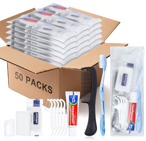 HQSLsund 50 Sets Personal Hygiene Kit Basic Toiletry Kits Homeless Supplies Bulk for Women,Men,Travel,Charity,Business Include 50 Toothbrush, 50 Toothpaste, 50 Comb, 50 Bath Soap and 250 Floss Picks