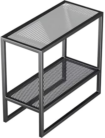 Eiauiuo Beistelltisch Rechteck Glastisch 2 Ebenen Konsolentisch mit Gitterablage und Metall Rahmen Modern Klein Couchtisch Kann Bewegen Sofatisch(Color:Schwarzer Rahmen+Changhong Glas)