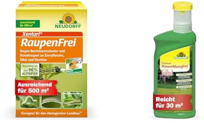 Neudorff Xentari RaupenFrei, bekämpft biologisch Buchsbaumzünsler und andere Schadraupen & Finalsan RasenMoosfrei – Rasenmoosvernichter