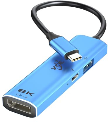 YCBUENO Adattatore da USB C a Displayport 1.4 (8K@60Hz/4K@240Hz) 3 in 1 con PD 100W e USB2.0 Thunderbolt 3/4 to DP1.4, compatibile con Macbook, iPad, iPhone 15 Series, Surface, Android, laptop