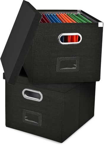 Umtiti 2 PCS Ablageboxen mit Deckel,Upgrade Hängemappenbox aus Faserplatte und Papier in stilvoller Leinenoptik，schwarz,FGBK-S-2PCS-DE