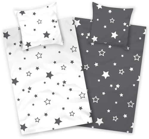 Aminata kids Bettwäsche 135x200 Sterne weiß anthrazit 100% Baumwolle Stern-Motiv, Reißverschluss, Wende-Bettwäsche-Set Jungen Mädchen