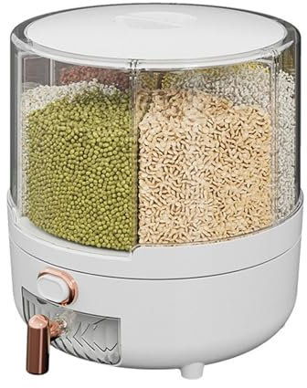 Contenedor de almacenamiento de arroz - dispensador de cereales giratorio transparente de 360 grados | Tapa de almacenamiento extraíble de 6 compartimentos, contenedor de almacenamiento de cereales