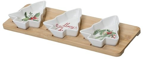 Kaemingk Servierschalen in Tannenbaum Form mit Holztablett 33x12cm Porzellan - Schalen Set für Tapas Antipasti Fingerfood - Servierplatte mit Snack- und Dipschalen - Dipschälchen Plätzchenteller