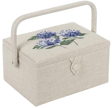 Hobby Gift Exclusive Medium Sewing Craft Hobby Storage Box, Accessories Tray Pin Cushion Pocket PVC Handle Embroidered Lid 18.5 x 25.5 x 14.5cm, Hydrangea