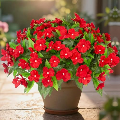 Hobyhoon Lot de 4 impatiens artificiels pour extérieur, bouquet de fleurs artificielles sans vase en soie pour jardin, décoration d'intérieur, tombes