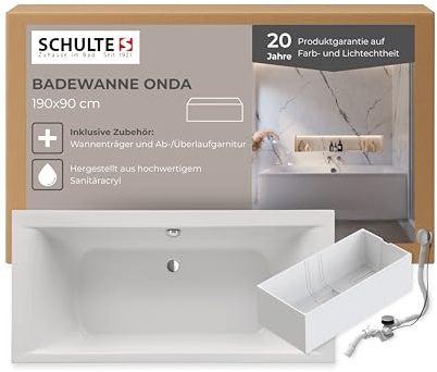 Schulte Badewanne Onda 190x90 cm, Acryl, Weiß glänzend | Komplettset mit Wannenträger und Ablaufgarnitur aus hochwertigem Acryl für eine abgestimmte Montage.