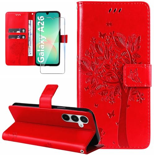 Dcjlbo Cover per Samsung Galaxy A26 5G Custodia Cover in Pelle Portafoglio a Libro con Pellicola Vetro Temperato Porta Carte Cover Flip Case Antiurto Custodia per Samsung A26 5G-Rosso