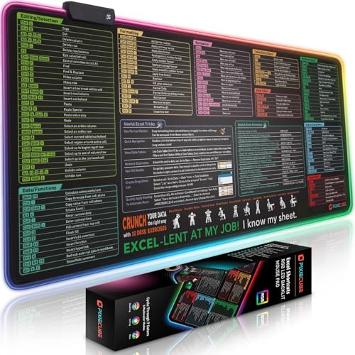 Excel Shortcut Keys LED Mouse Pad - Colorful RGB Luminous Extended Large Cheat Sheet Gaming Mousepad| PC Office Spreadsheet Keyboard Mat| Non-Slip Stitched Edge