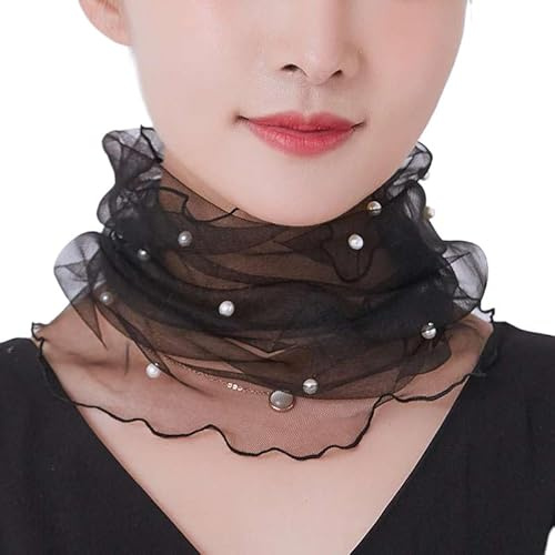 DHER 38 * 32 cm Collare di pizzo estivo Collare di pizzo traspirante Perline sciarpa collo pizzo moda versatile leggero e traspirante sciarpa di seta primavera e l'estate maglia filato collo (Nero)