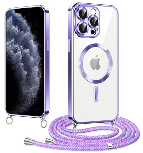 Woijrly Magnetische Handyband mit Band für iPhone 11 Pro Hülle, [Kompatibel mit Magsafe] Handyhülle Case mit justierbarer Schnur Abnehmbar Strap,Crossbody Schutzhülle zum Umhängen Kordel, Lila