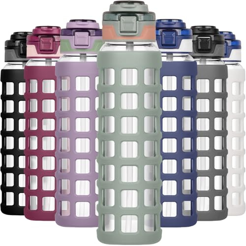 Ferexer Glasflasche 1 Liter, Trinkflasche Glas 1000ml / 660ml, mit Deckel Flip Strohhalm, Hochborosilicatglas BPA-frei, Auslaufsicher, mit Silikonhülle, Sport Wasserflasche Glas Grün
