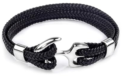 Lantine Pulsera de cuero vacuno trenzado con ancla para hombres y mujeres, pulsera de varias capas, pulsera con abalorios, joyería náutica de surf para hijo, nietos, hombre, hermano, marido, 21cm