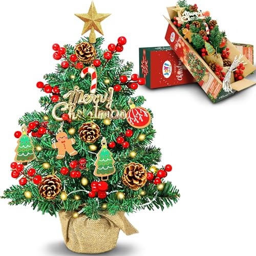 JOY SPOT! Mini Weihnachtsbaum Kleiner mit Beleuchtung LED Warm Lichtern, 60cm Künstlicher Weihnachtsbaum, Lebkuchenmann, Beeren,Tannenzapfen Deko, Tisch Weihnachtsbaum geschmückt für Weihnachten Deko