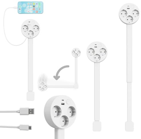 Steckdosen-Verlängerung mit ausziehbarer Verlängerungsstange (47-67 cm), 360° schwenkbar, 3-Fach Steckdose, 1 USB-A und 1 USB-C