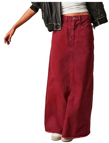 2026 Falda larga de mezclilla para mujer dobladillo cintura alta una línea falda larga vaquera para mujer corta verano, rojo, XL