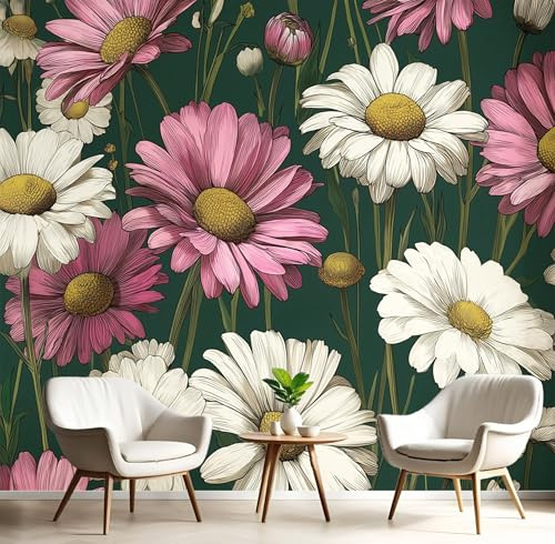 Vert Foncé Papier Peint 3D Panoramique Feuilles Vertes De Marguerite Peinture Design Moderne Photo Murale Décor Mural,Illustrations Rétro Pour Salon Chambre Tv Fond D'Enfant Décoration Poster