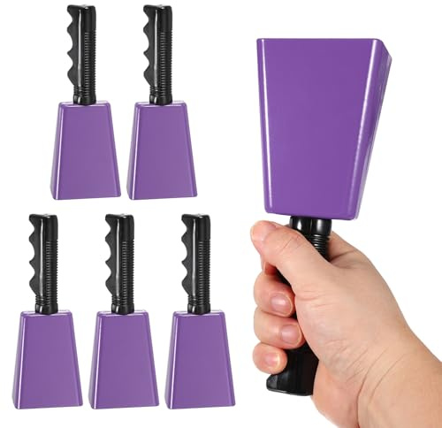 PATIKIL 8inch Cow Bells for Football Games, 6pcs Cowbells for Sporting Events Bulk Loud Noise Makers Metal Cow Bell with Handle for Cheering Competition Marathon Wedding DIY Paint, Purple