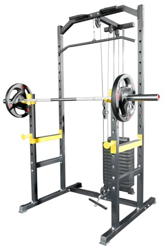 Strongway Half Power Rack with 88.5KG Weight Stack and Pulley System – All-in-One Home Gym Squat Rack for Strength and Functional Training