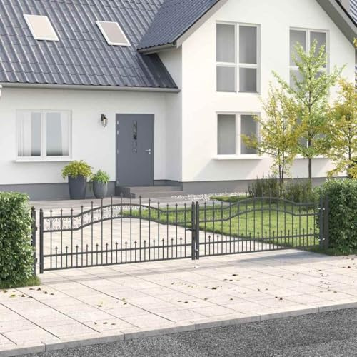 vidaXL Zauntor mit Speer-Top mit Schloss Grau 404 x 75 cm Stahl, Garten und Terrasse, robuster Zaun, Sicherheit im Freien, klassischer Stil für Hofabschluss, Eingangslösung für Terrasse