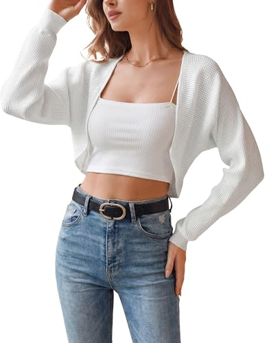 Arach&Cloz 100% Cotton Bolero Shrug for Women Spring Summer Fashion V Neck Long Sleeve Cropped Cardigans Lightweight Tops Sweaters Soft Hollow Out Knit Cover Up 2026 Trendy Casual Outfits White L