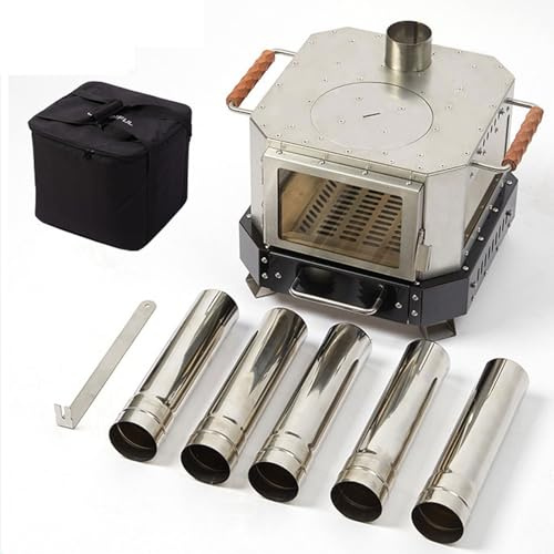 Portable Wood Burning Stove with Glass Window and Chimney Pipes for Camping Heating and Cooking