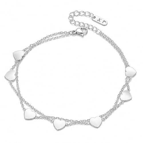 Kim Johanson® dam rostfritt stål vristlänk * Love* i silver, guld och roséguld | flerradig fotkedja med 7 hjärta hängen | kvinnor boho-smycken | vattentät | hjärtband | justerbar, Eine Grösse