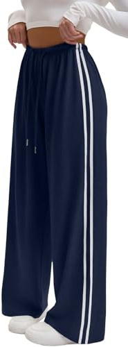 WINKEEY Pantalon de Jogging Femme Droit Fluide avec Bandes Latérales Pantalon de Survêtement Taille Haute avec Poches Idéal Sport Course Loungewear