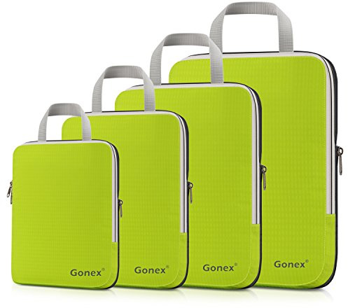 Gonex Organizer Valigie 4 Pezzi Set, Stoccaggio di Borse per Imballaggio Portatili per l'abbigliamento Cosmetico Cubi Espandibili, Packing Cube Set Viaggio Organizer, Verde