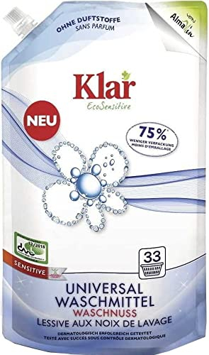 Klar eco Sensitive Recharge de lessive universelle à la noix de lavage, 1,5 l, sans parfum, 33 lavages, pour personnes allergiques, végétalien