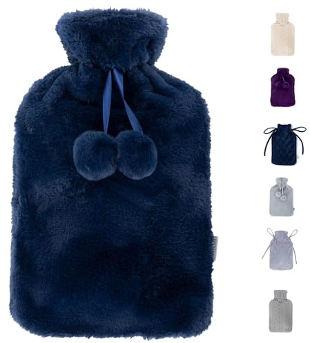LIVIVO 2L Hot Water Bottle with Cover UK - Large Thermoplastic Hot Water Bottles for Adults Winter Warmth & Stress Relief - Warm Hot Water Bag, Removable Washable Cover, Leakproof Screw Cap - Navy
