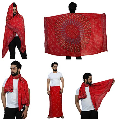 SARJANA HANDICRAFTS Pareo de mandala de rayón para hombre y mujer, bufanda, chal para cubrir traje de baño, vestido envolvente, bikini, toalla de playa gitana unisex, Rojo -, talla única